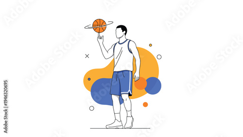 Illustration of a basketball player spinning a ball on one finger against a background of blue and orange abstract shapes and geometric dots.