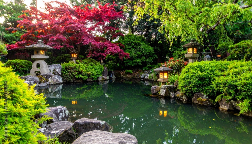 Fototapeta premium Serene Japanese Garden with Pond and Lanterns.