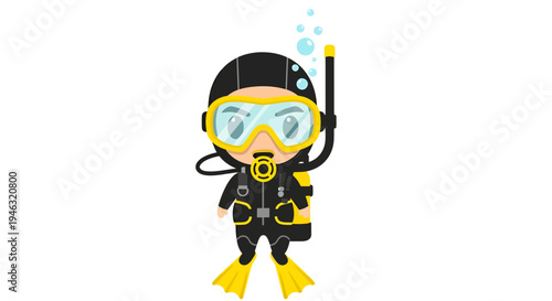 Diver Vector Illustration, Flat Design, Underwater Sport, Adventure, Cartoon Character