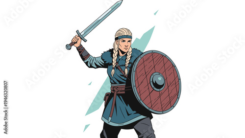 Brave Viking woman or shield-maiden with blonde braids holding a sword and round wooden shield against a stylized icy mountain background.
