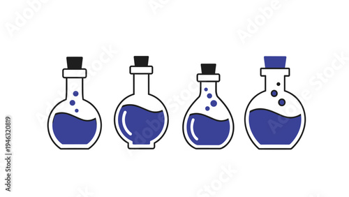 Four glass bottles containing mysterious blue magic potions with cork stoppers and bubbles isolated on a white background for fantasy themes.