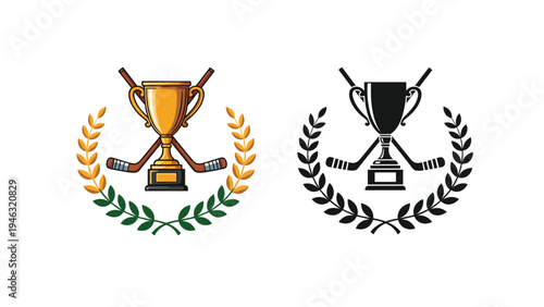 Ice hockey championship trophy with a golden cup, crossed sticks, and a laurel wreath isolated on a white background for sports awards.