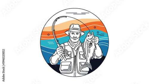 Line art illustration of a fisherman holding a large catch in a circular frame with colorful waves and sunset background for sport fishing.