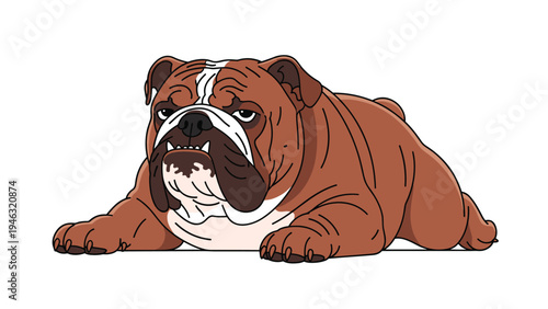 Detailed illustration of a brown and white bulldog lying down on the ground with a grumpy facial expression on white background.