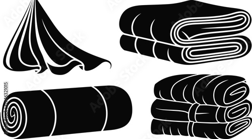 Folded fabric and textile rolls icon set, cloth material bundle illustration, tailoring sewing concept, black vector silhouette isolated