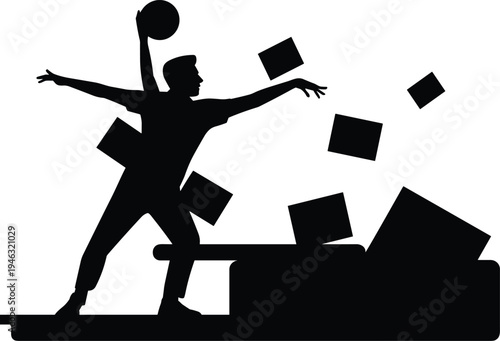 Warehouse worker throwing packages, logistics cargo handling concept, delivery sorting process illustration, industrial labor vector silhouette isolated