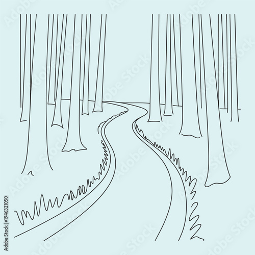 Winding forest path sketch trees lining the way simple line art minimalist outdoor scene