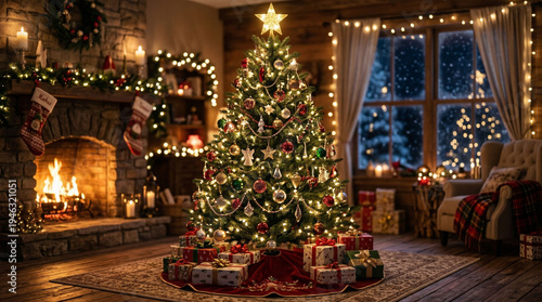 A Christmas tree decorated with lights in a city at night surrounded by festive holiday decorations and presents