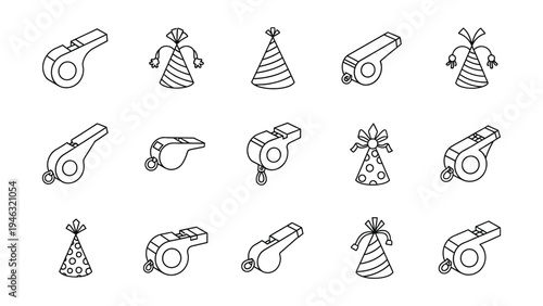 Collection of isometric outline vector icons representing whistles and various styles of festive party hats