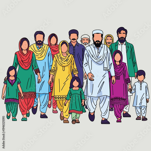 Group of diverse Pakistani people walking together, men women and children in traditional dress