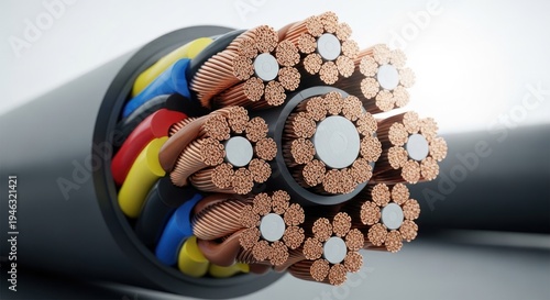 Close-up of a cut power cable revealing multiple wire bundles inside its black casing