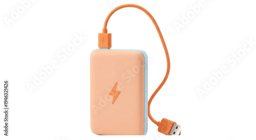 Isolated portable orange power bank with built-in USB-C charging cable on transparent Background. Sleek electronic accessory for travel and everyday mobile device charging