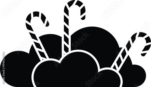 Candy canes in snow, Christmas winter holiday decoration, festive sweet symbol illustration, seasonal celebration vector silhouette isolated design