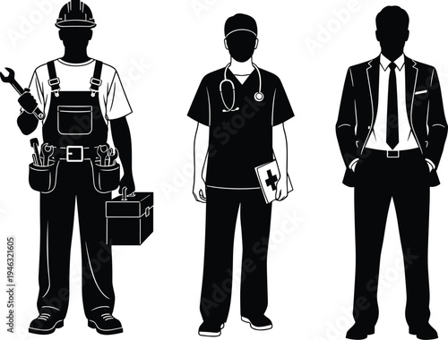 Occupational worker silhouettes featuring construction, healthcare, and business professionals in diverse career roles, industry attire, and professional vector illustration design