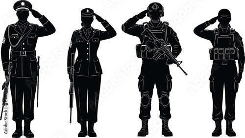 Military Soldiers Silhouette Set with Army Men and Women in Uniform Saluting and Carrying Rifles for Veterans Day Memorial Graphics