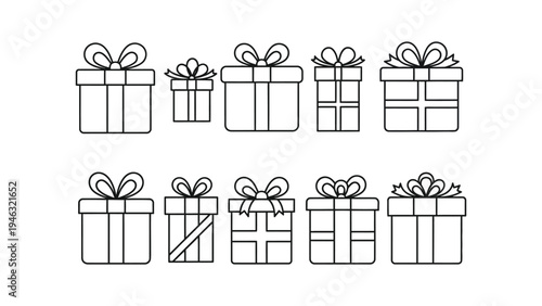 Collection of various outline icons representing different shapes and sizes of gift boxes with bows