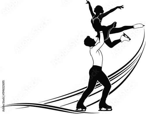 Pair figure skaters performing dynamic lift with elegant motion lines showcasing athletic artistry, balance, teamwork, and graceful ice skating vector illustration