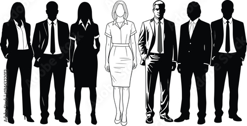 Silhouette vector illustration of diverse business professionals standing together, representing teamwork, leadership, corporate unity, and workplace diversity in modern organizations.