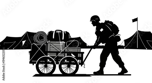 Silhouette of Military Soldier Pulling Supply Cart in Army Base Camp