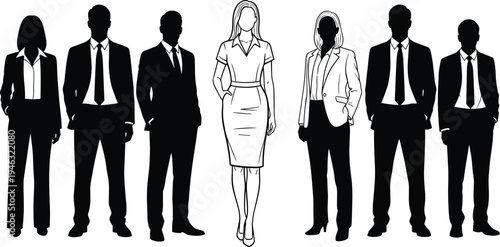 Silhouette vector illustration of diverse business professionals standing together, symbolizing teamwork, leadership, corporate unity, workplace diversity, and modern organizational success.