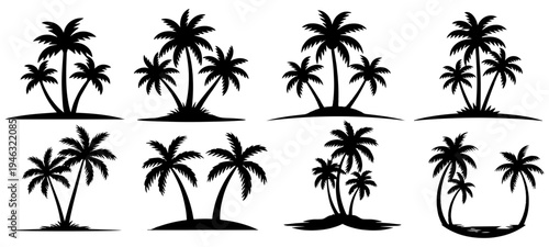 Tropical palm tree silhouette set isolated on white background minimal vector collection, palm, tree, tropical, island, beach, summer, vacation, travel, paradise, silhouette