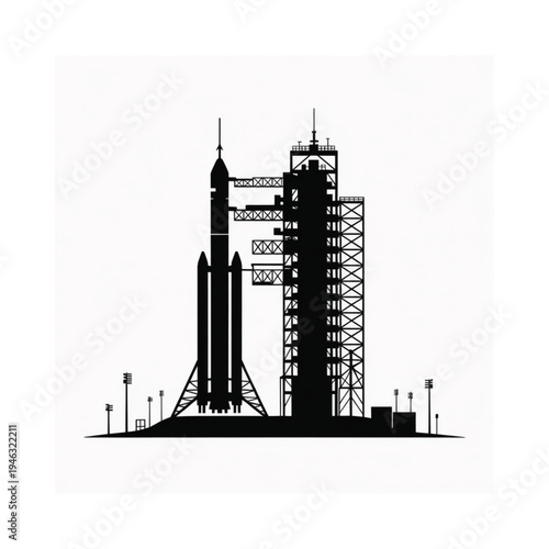A black silhouette of a rocket on a launchpad ready for liftoff