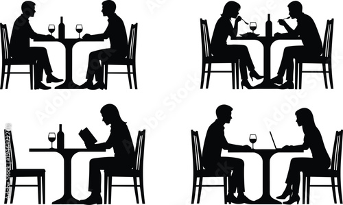 Silhouette vector illustration of people interacting at tables with wine, books, laptops, showcasing social, romantic, and casual café settings.