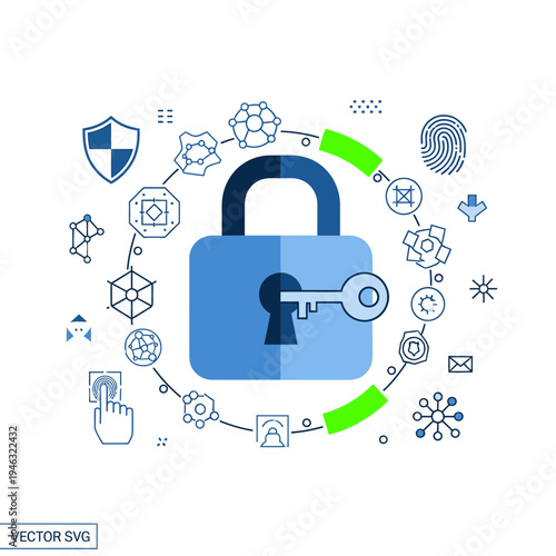 Digital Security Concept: Padlock, Key, Fingerprint, Shield, Network Icons