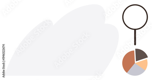 Data analysis, business insights, market research, investigation, decision making, statistics. A magnifying glass near a pie chart. Data analysis and business insights concept