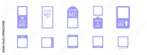 Scan me Frame. Online payment. Barcode and QR code sticker template on mobile phone. Click CTA button in app now. Minimalist Vector illustration.