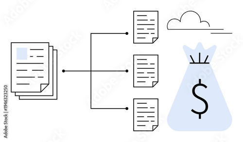Documents organized into a process flow, symbolizing data management, financial growth, and productivity. Ideal for business management, finance strategy, cloud solutions, workflow, data