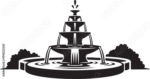 Black and white illustration of a multi tiered outdoor fountain with water flowing