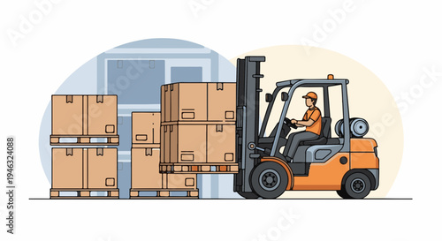 Forklift Operator Moving Cardboard Boxes in Warehouse Illustration