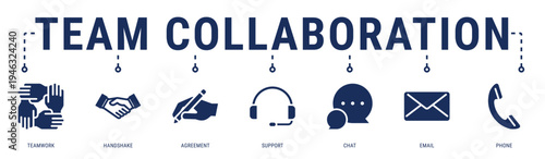 Team Collaboration web banner icon vector illustration featuring Teamwork, Handshake, Agreement, Support, Chat, Email and Phone
