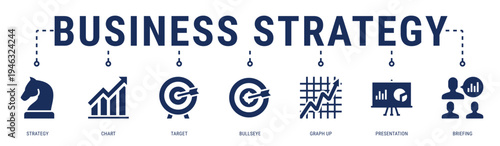 Business Strategy web banner icon vector illustration featuring Strategy, Chart, Target, Bullseye, Graph Up, Presentation and Briefing