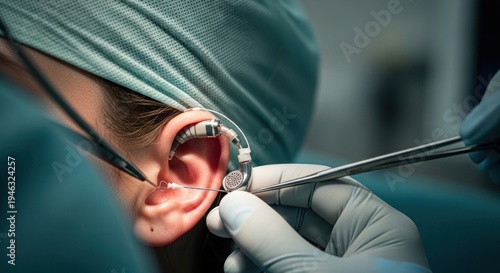 Surgical view of an ear with a hearing device being installed, with surgical tools visible