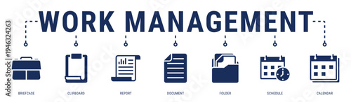 Work Management web banner icon vector illustration with Briefcase, Clipboard, Report, Document, Folder, Schedule and Calendar
