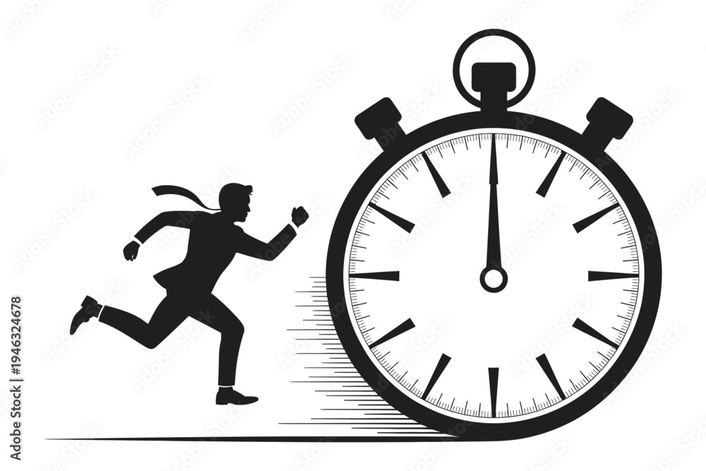 Ταπετσαρία Man running late with clock icon, business time management and deadline concept, office workload pressure, productivity and scheduling illustration
