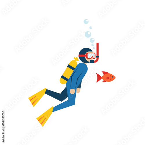 Scuba diver with fish and bubbles underwater, illustration