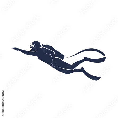 Scuba Diver Silhouette Swimming Underwater with Flippers and Oxygen Tank