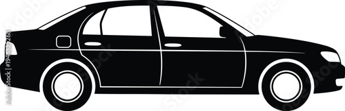 Vector illustration of black sedan car silhouette side view with four doors, wheels, windows, mirrors, and headlights for transport and design.