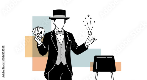 Magician illusionist performing card deck trick with wand.