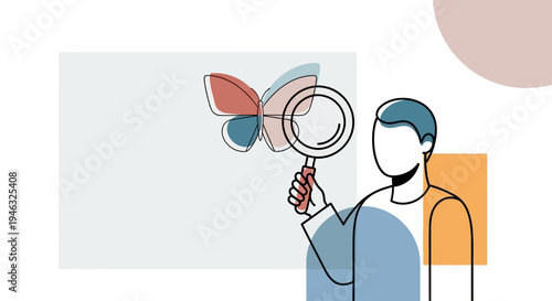 Person holding magnifying glass observing colorful butterfly illustration.