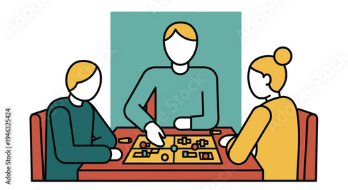 Three people playing a board game together at a table.