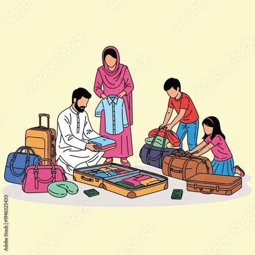 Family packing luggage for vacation, organizing clothes and travel bags for journey