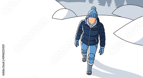Winter Hiker Walking Alone In Snow.