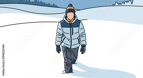 Winter Jacketed Person Walking Across Snow.