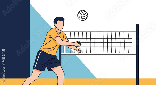 Volleyball Player Spiking Ball At Net In Action.
