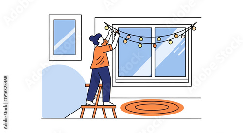 Woman Decorating Home Window with Festive String Lights.
