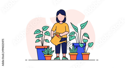 Woman Gardener With Watering Can Among Plants.